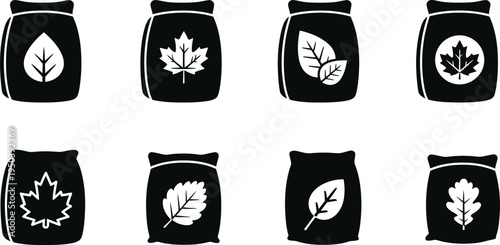 Eight black bags with various leaf designs on a white background