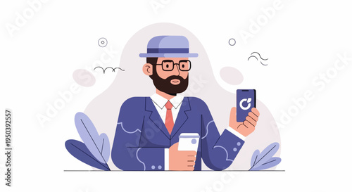 Bearded man in hat and suit holds phone and coffee cup, surrounded by abstract shapes