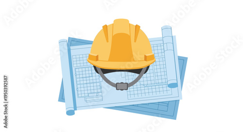 Yellow Hard Hat on Blueprints Construction.