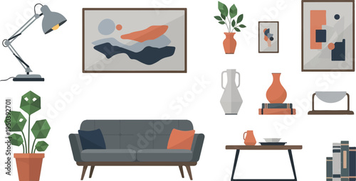 Minimalist home decor elements with abstract art, plants, and furniture