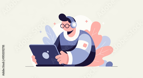Person wearing headphones and glasses works on laptop with plants