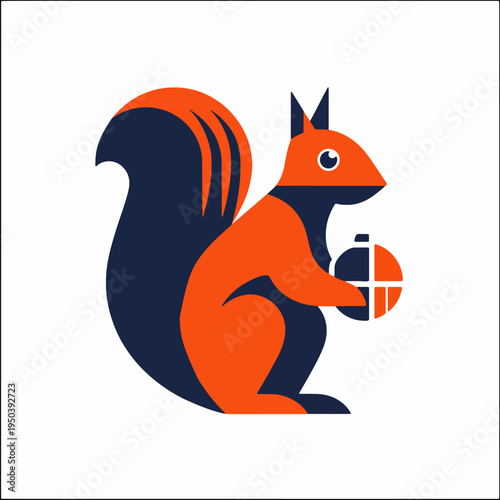 Stylized orange and navy blue squirrel holding a geometric nut, minimalist illustration, cute animal character, concept of nature, autumn, and hoarding
