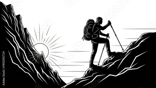 Minimalist Mountain Climber Silhouette Vector Line Art with Simple Outline of Rock Climbing Adventure, Outdoor Sport Illustration for Adventure Posters