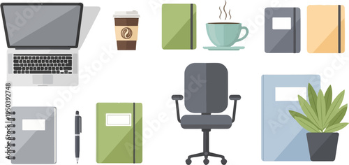 Office desk flat illustration with laptop, coffee cup, notebooks, chair, pen, and plant