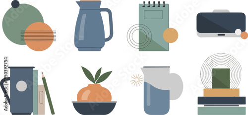 Flat illustration of kitchenware, stationery, and abstract shapes in muted tones