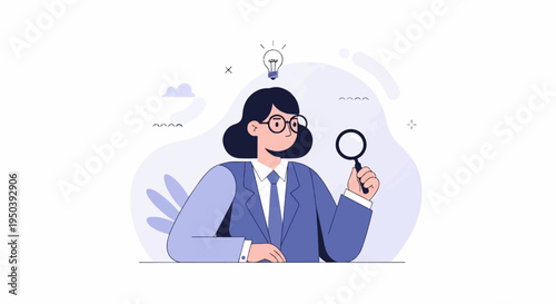 Person in suit with glasses examines with magnifying glass under lightbulb