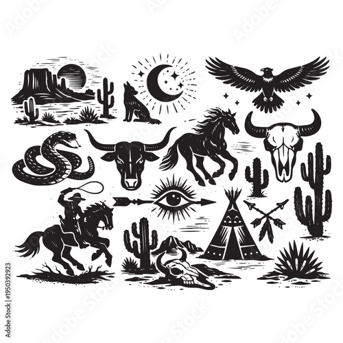 Western Boho Linocut Vector Set – Texas Desert Engraving Collection