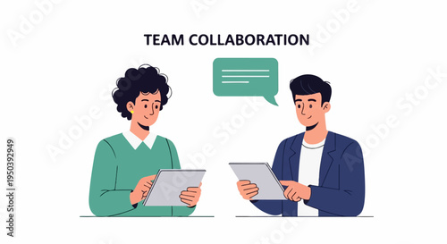 Two colleagues in conversation, each holding a tablet device