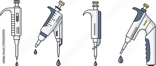 Vector illustration of laboratory micropipettes dispensing liquid droplets for science, research, and medical laboratory artwork