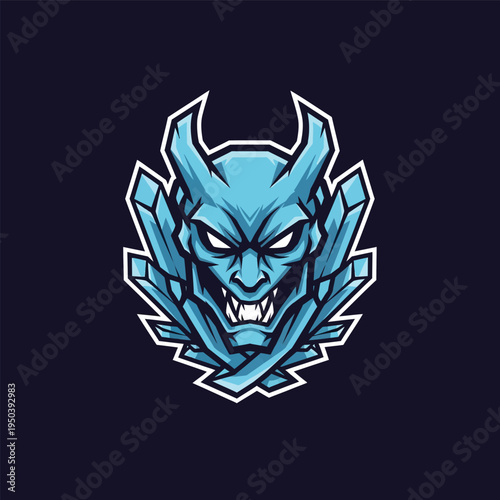 Blue cartoon demon face closeup.