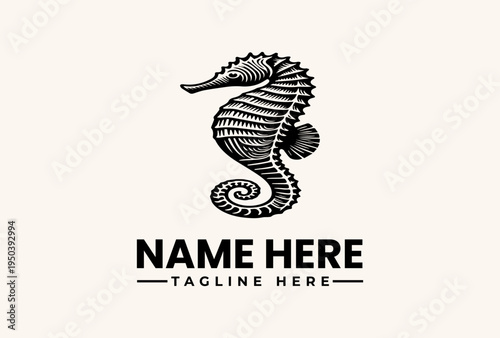 Black and white illustration of a seahorse logo with a placeholder name and tagline on a clean background.