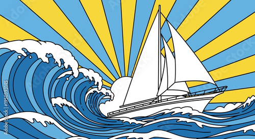 Sailing Boat on Ocean Waves.