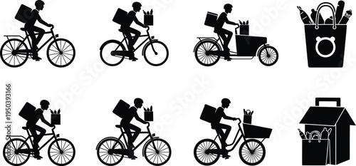 Bicycle delivery services and recycling bins illustration