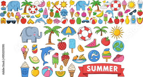 Set of summer icons vector, colorful illustrations
