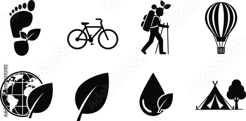 Eco friendly travel and outdoor adventure icons featuring nature and transportation