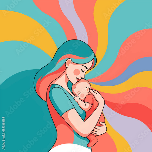 Mother holding newborn baby in colorful wavy background