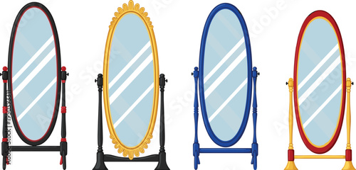 Vector illustration of standing oval mirrors in decorative frames with black, gold, blue, and red designs for interior artwork