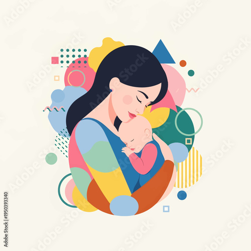 Mother holding newborn baby in colorful abstract background