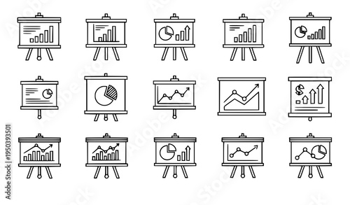Business analytics presentation board outline icons vector charts graphs set