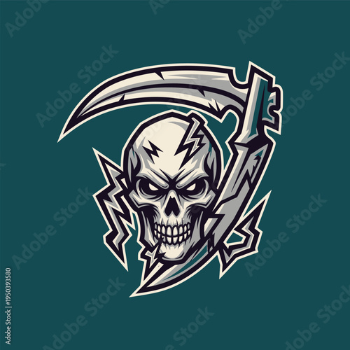 Skull with scythe and lightning bolts.