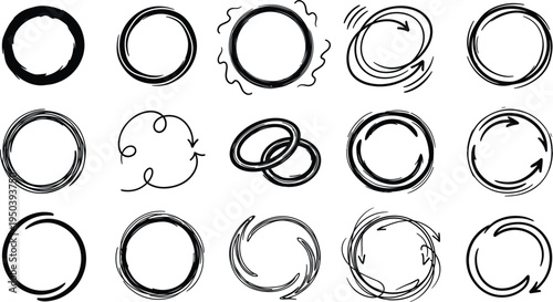 Hand Drawn Circular Arrows and Scribble Round Frames Set with Abstract Brush Stroke Rings and Dynamic Rotation Symbols Vector Collection