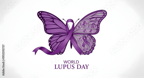 A purple butterfly with a ribbon for World Lupus Day on transparent background