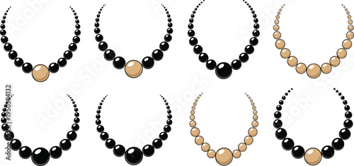 Vector illustration of beaded necklaces in black and tan patterns with central focal beads for jewelry and fashion artwork