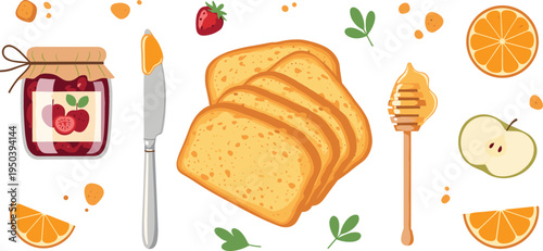 Toast Bread Breakfast with Jam Jar, Honey Dipper, Orange and Apple Healthy Morning Meal Vector Illustration