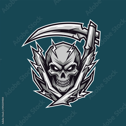 Gray skull with scythe and spikes.