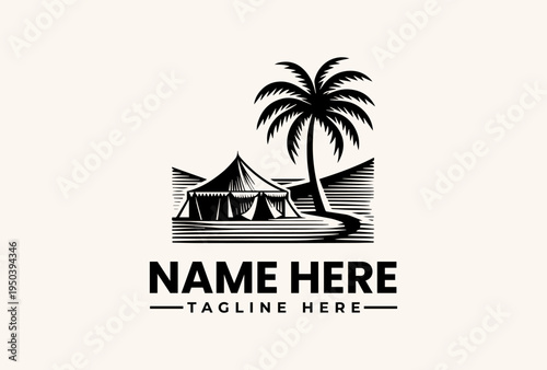 Black and white illustration of a tent and palm tree with a placeholder name and tagline on a clean background, featuring a logo, vector graphic, and pictogram elements.