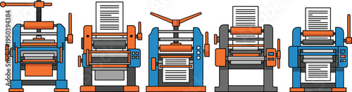 Vector illustration of printing presses with paper sheets in colorful designs for publishing, printing, and industrial artwork