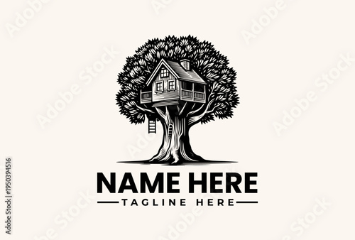 A black and white illustration of a treehouse in a tree with a placeholder name and tagline on a beige background, featuring a logo and vector graphic design elements.
