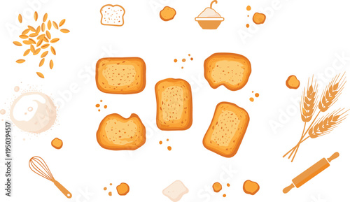 Toast Bread Baking Ingredients with Wheat, Flour, Dough and Whisk Bakery Cooking Process Vector Illustration