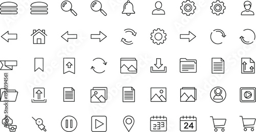 Modern User Interface Line Icon Set Featuring Navigation Arrows, Search, Settings, Files, Media Controls, Calendar, and Shopping Cart Symbols for Web and Apps