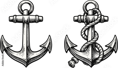 Vintage Hand Drawn Anchor Set with and without Rope — Classic Nautical Navy Engraving Style Black and White Vector Illustration