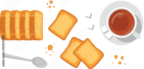 Crispy Toast Bread Slices with Tea Cup and Spoon Breakfast Snack Food Top View Vector Illustration