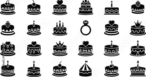 Celebration cake icons set cad drawing flat vector illustration with birthday cakes, wedding ring, heart toppers, and candles isolated on white.