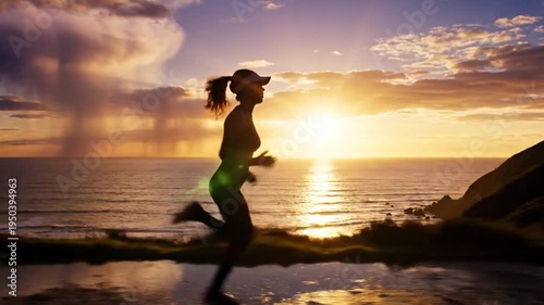 Woman running along ocean coast at dramatic sunset