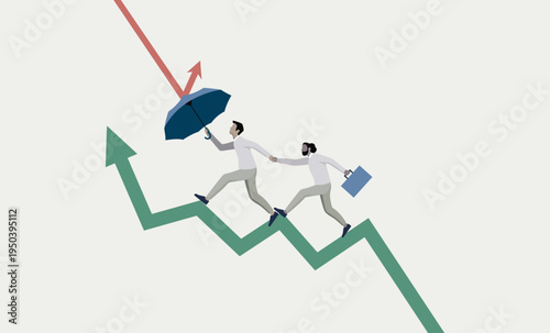Two businessmen helping each other climb up a financial graph with an umbrella protecting them