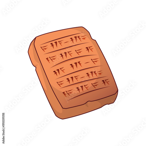 Ancient clay tablet with cuneiform writing, early Mesopotamian writing system used for recording information, historical artifact of early written communication, vector illustration isolated on white.
