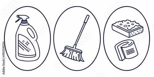 A variety of cleaning tools and supplies arranged in a row