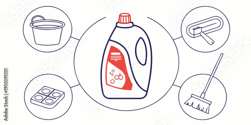 Various cleaning products and tools arranged in a circular layout