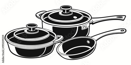 Three black pots with lids and handles on a white background