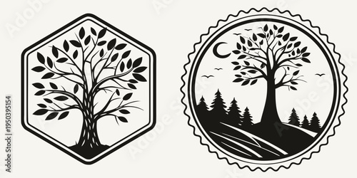 Two distinct emblems featuring a solitary tree and a forested landscape