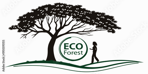 Man walking towards a tree with eco forest logo on it.