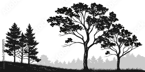 Silhouette of three trees with a misty background and a crescent moon.