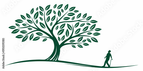 A person walking towards a large tree on a hillside, symbolizing growth and progress.