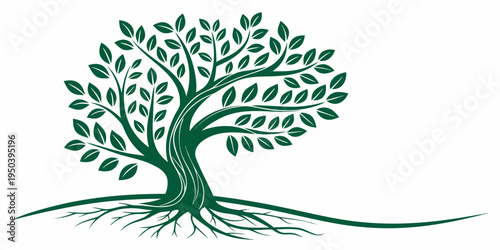 A majestic tree with sprawling roots and lush green leaves against a white background