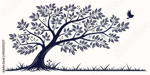 A majestic tree with a bird perched on one of its branches in a serene landscape