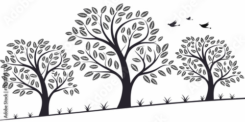 A serene landscape with three trees and birds flying in the sky.